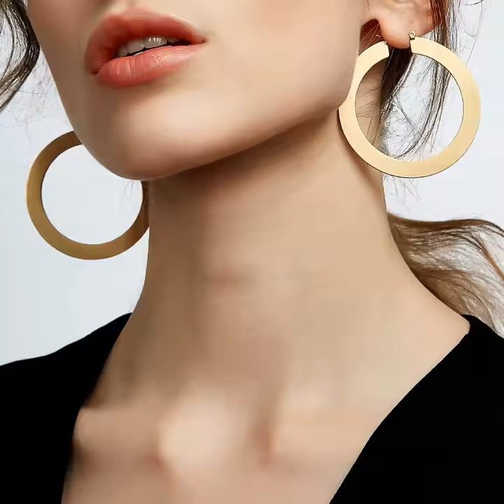 18K Gold Plated Stainless Steel Large Flat Hoops