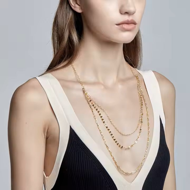 18K Gold Plated Stainless Steel Three Layered Chain Necklace