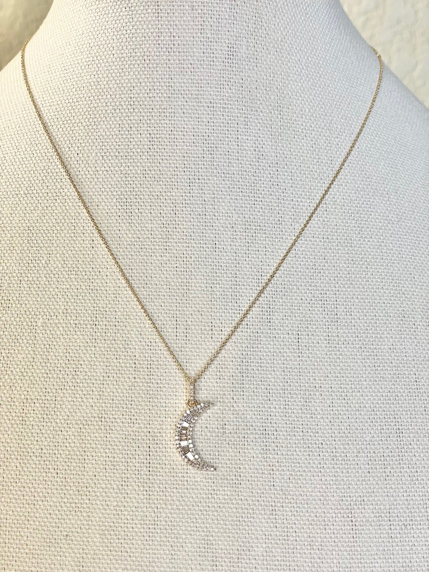 14K Gold Diamond Crescent Moon Necklace