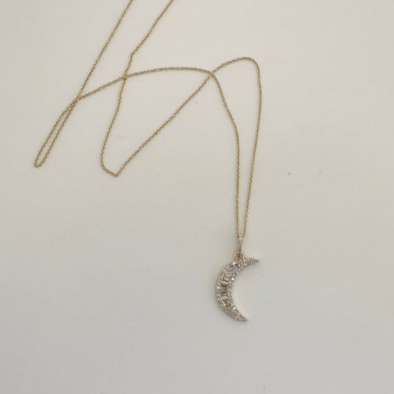 14K Gold Diamond Crescent Moon Necklace